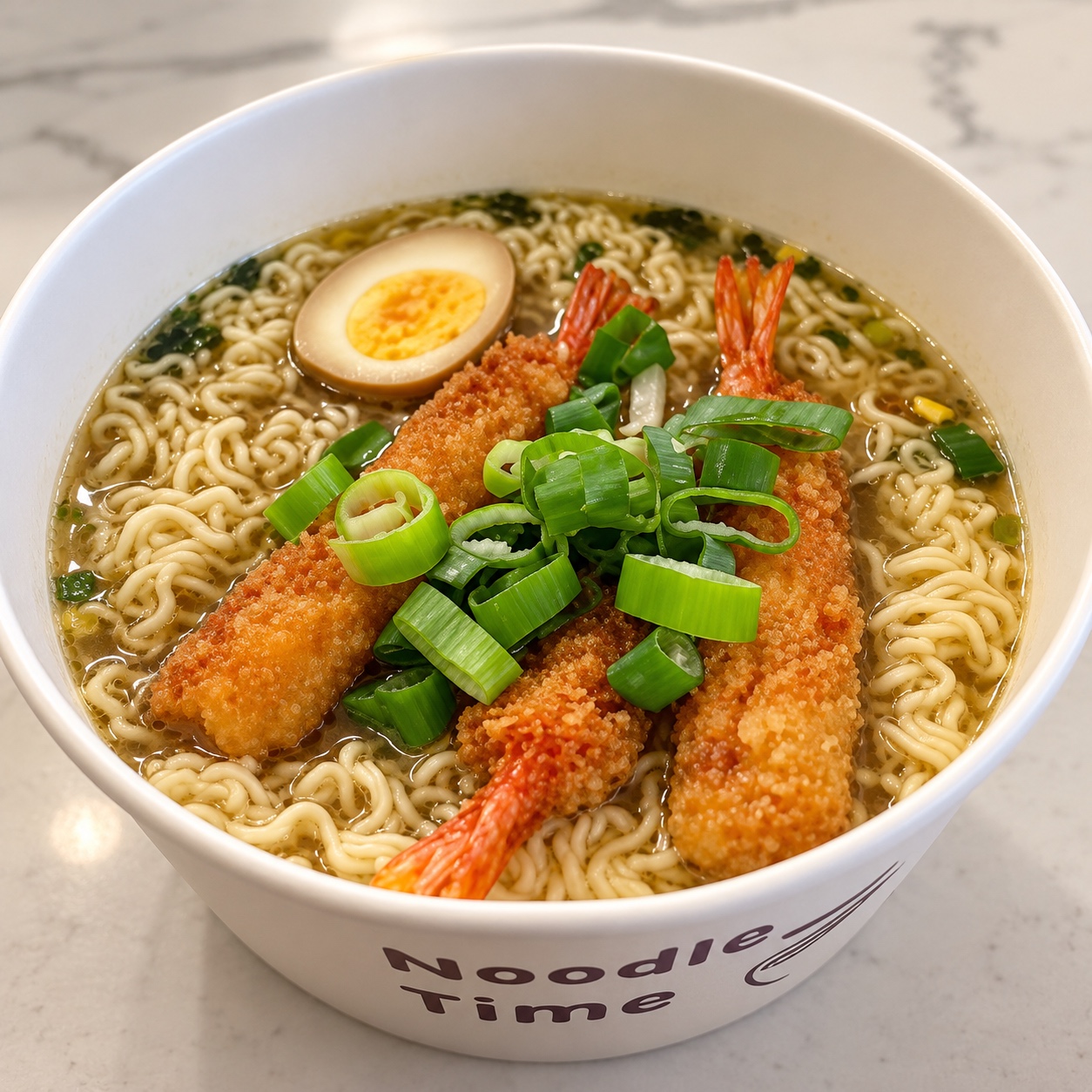 Bol de ramen de Aki Japo con langostinos, huevo y cebolleta